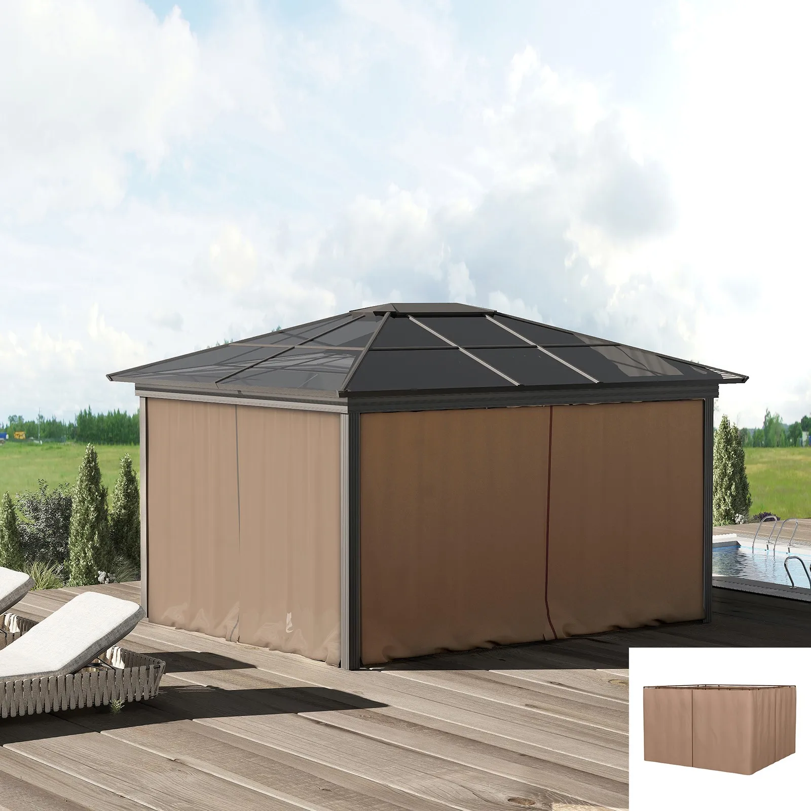 119" x 80.75" Universal Pergola Curtain Kit w/ Hooks/C-Ring Included, Brown
119" x 80.75" Universal Pergola Curtain Kit w/ Hooks/C-Ring Included, Brown
