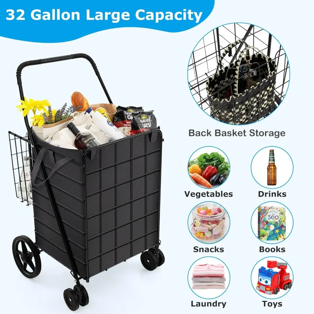 Folding Shopping Cart for Groceries, Upgraded Jumbo Grocery Cart with Waterproof Liner, 32 Gallon Capacity
Folding Shopping Cart for Groceries, Upgraded Jumbo Grocery Cart with Waterproof Liner, 32 Gallon Capacity