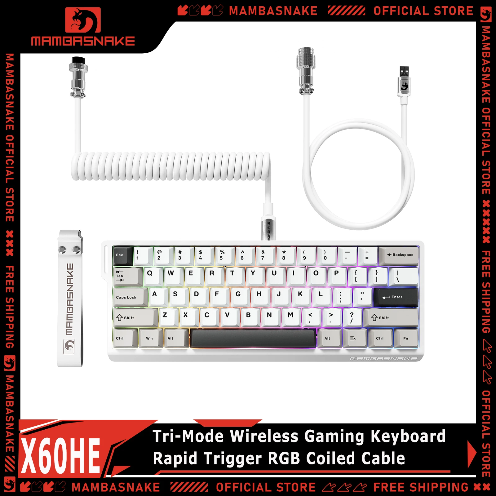 MAMBASNAKE X60HE 60% Tri-Mode Wireless Gaming Keyboard With 8Khz Coiled Cable Magnetic Switch Rapid Trigger RGB Mechanical
MAMBASNAKE X60HE 60% Tri-Mode Wireless Gaming Keyboard With 8Khz Coiled Cable Magnetic Switch Rapid Trigger RGB Mechanical