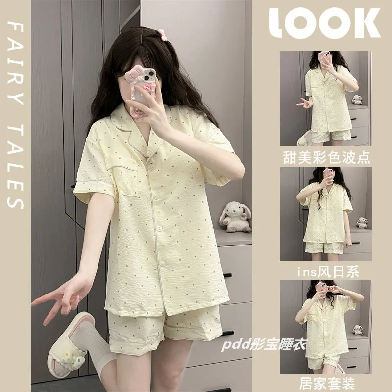 Polka Dot Women Pajamas Summer Sleepwear Short Sleeve Set 2 Pieces Pocket Night Wears Button Korean Sleeping Cute Home Suit 2025
Polka Dot Women Pajamas Summer Sleepwear Short Sleeve Set 2 Pieces Pocket Night Wears Button Korean Sleeping Cute Home Suit 2025