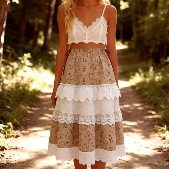 Women's Vintage Floral Print Tiered Midi Skirt With Lace Trim And Bow Detail
Women's Vintage Floral Print Tiered Midi Skirt With Lace Trim And Bow Detail