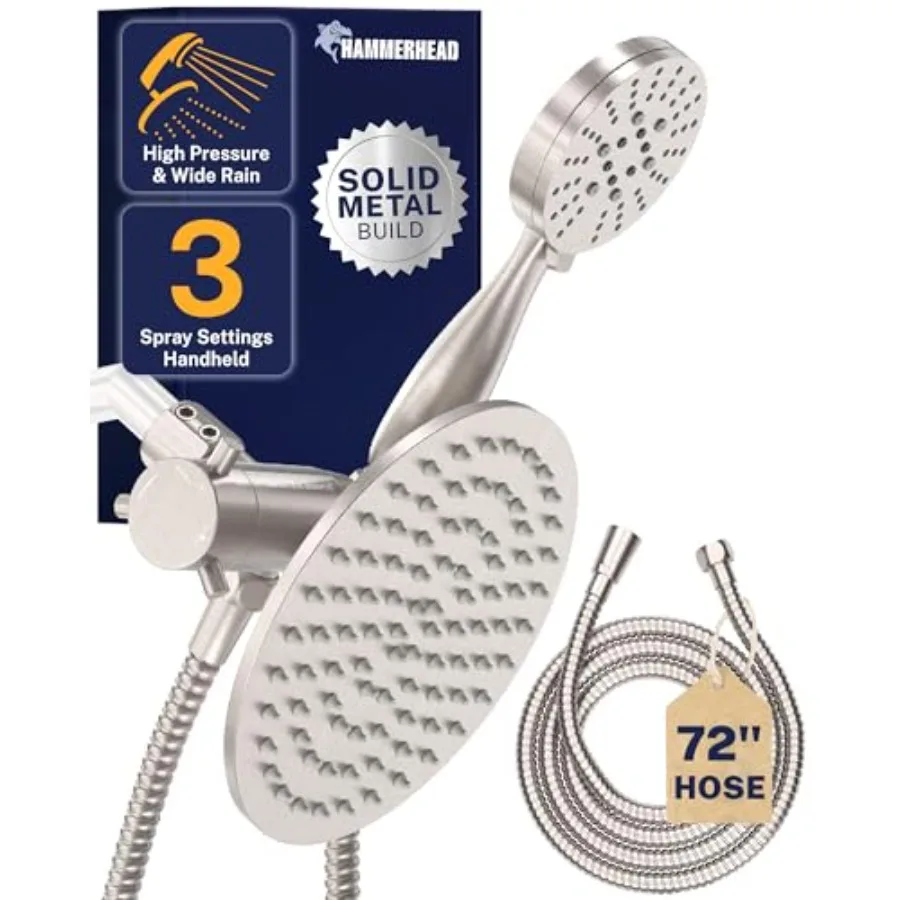 Dual Shower Head Combo for bathroom use, brushed nickel finish, 8-inch rainfall and 3-flow handheld, stainless steel constructi
Dual Shower Head Combo for bathroom use, brushed nickel finish, 8-inch rainfall and 3-flow handheld, stainless steel constructi