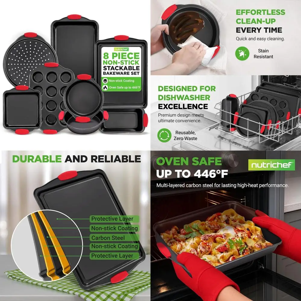 8-Piece Non-Stick Baking Pan Set - Premium Gray Coating, Red Silicone Handles, Restaurant-Grade Metal Bakeware
8-Piece Non-Stick Baking Pan Set - Premium Gray Coating, Red Silicone Handles, Restaurant-Grade Metal Bakeware