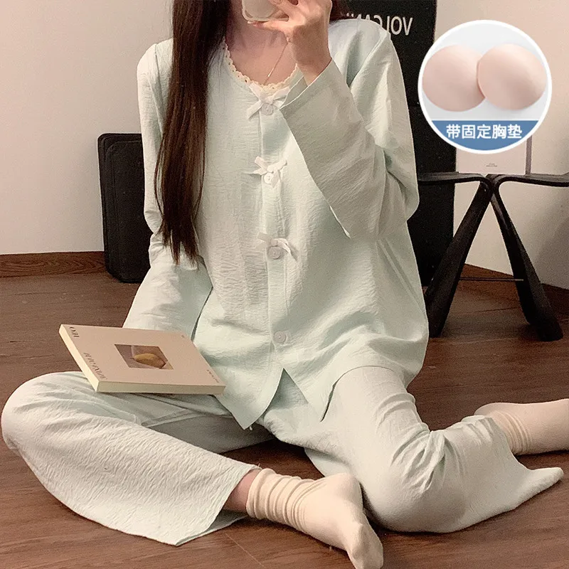 Women's Spring Pajamas with Chest Pads Cloud Cotton Long Sleeves Sleepwear Two-piece Set Sweet Loungewear Can Be Worn Outside
Women's Spring Pajamas with Chest Pads Cloud Cotton Long Sleeves Sleepwear Two-piece Set Sweet Loungewear Can Be Worn Outside
