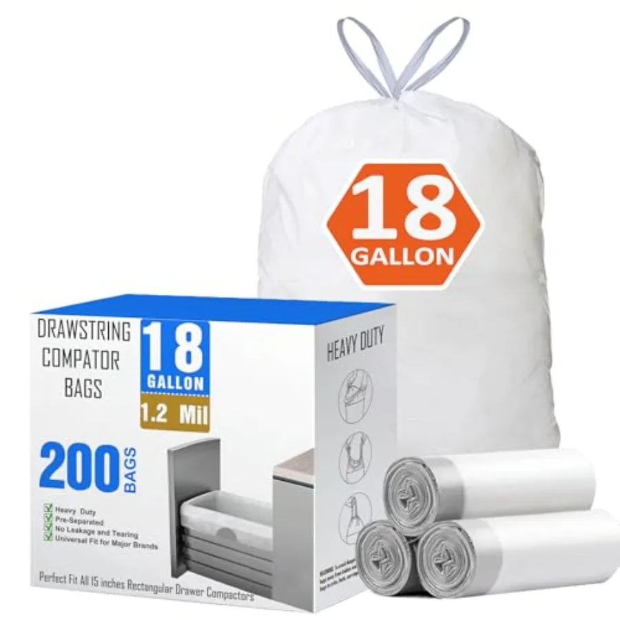 18 Gallon Drawstring Compactor Kitchen Trash Bags 200 Count Heavy Duty Garbage Bags Fit for 18 Gallon and Most Kitchen Compacto
18 Gallon Drawstring Compactor Kitchen Trash Bags 200 Count Heavy Duty Garbage Bags Fit for 18 Gallon and Most Kitchen Compacto