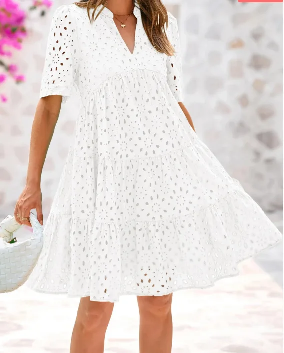 Elegant Womens Boho Summer Dresses V Neck Short Sleeve Hollow Out Lace Ruffle Casual Beach Summer New Evening Party Dresses 2025
Elegant Womens Boho Summer Dresses V Neck Short Sleeve Hollow Out Lace Ruffle Casual Beach Summer New Evening Party Dresses 2025