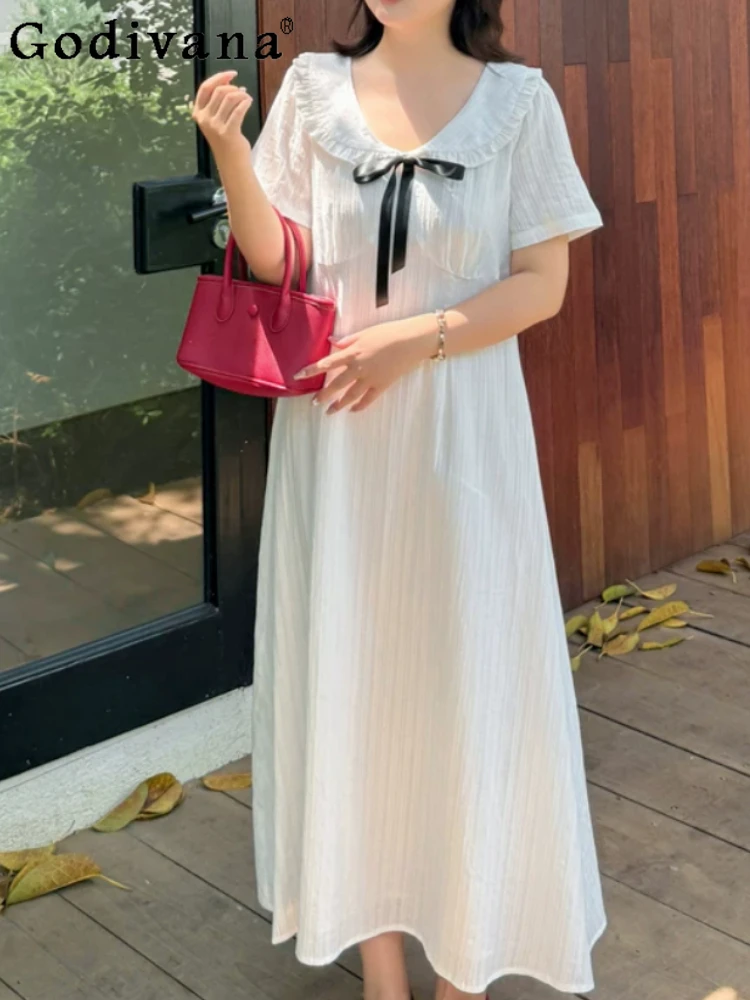 New Summer Large Size Women Gentle Ruffles Bow Peter Pan Collar Dress Fashion High Waist A-line Age Reduction Sleeve Dresses
New Summer Large Size Women Gentle Ruffles Bow Peter Pan Collar Dress Fashion High Waist A-line Age Reduction Sleeve Dresses