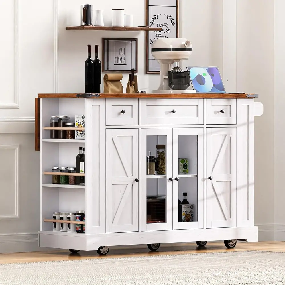 53 White Rolling Kitchen Island with Tempered Glass Doors, Power Outlet, Drop Leaf, and 5 Open Shelves
53 White Rolling Kitchen Island with Tempered Glass Doors, Power Outlet, Drop Leaf, and 5 Open Shelves