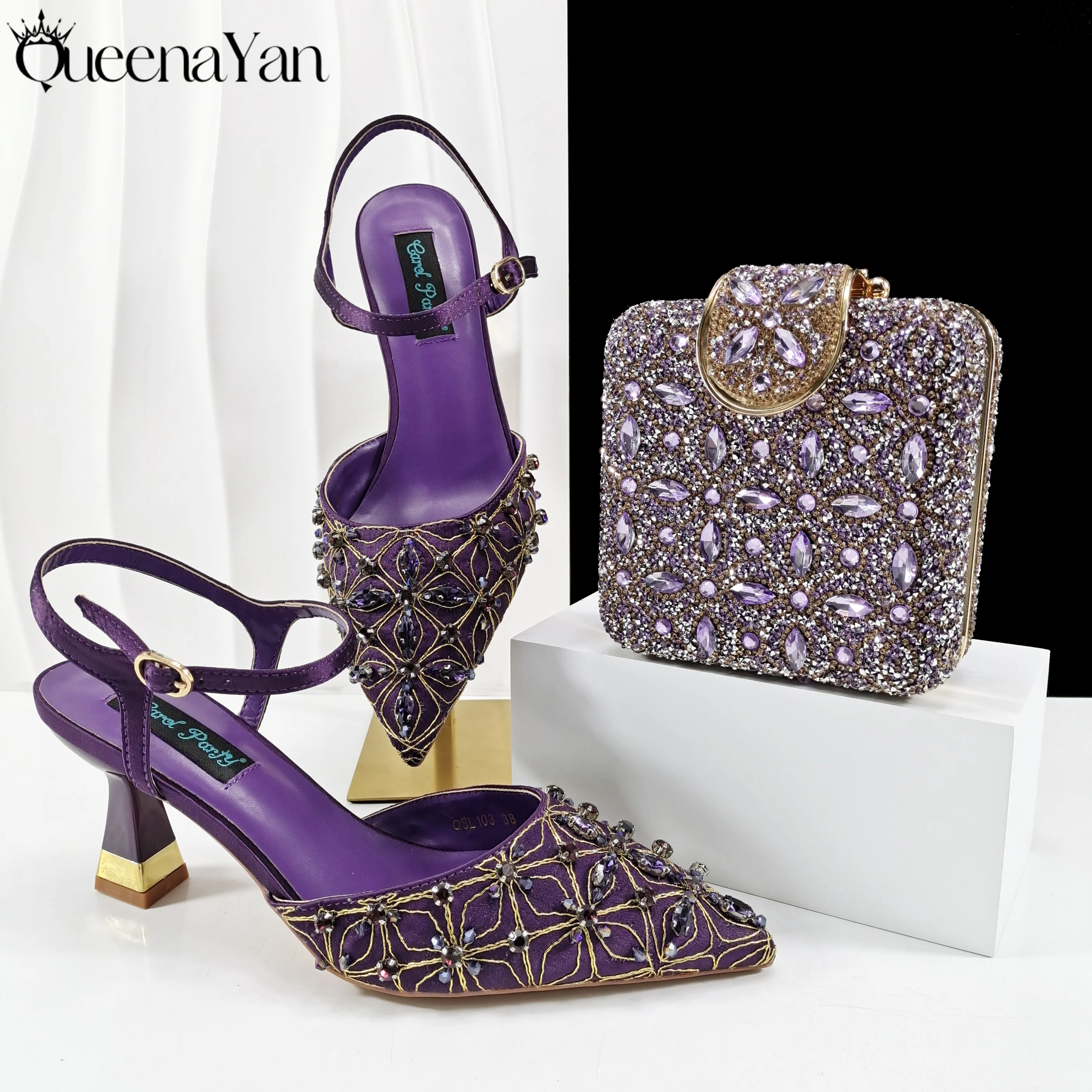 New Embroider and Colorful Rhinestone Design Elegant Mature Style Party Wedding Purple Color Pointed Toe High Heel and Bag Set
New Embroider and Colorful Rhinestone Design Elegant Mature Style Party Wedding Purple Color Pointed Toe High Heel and Bag Set