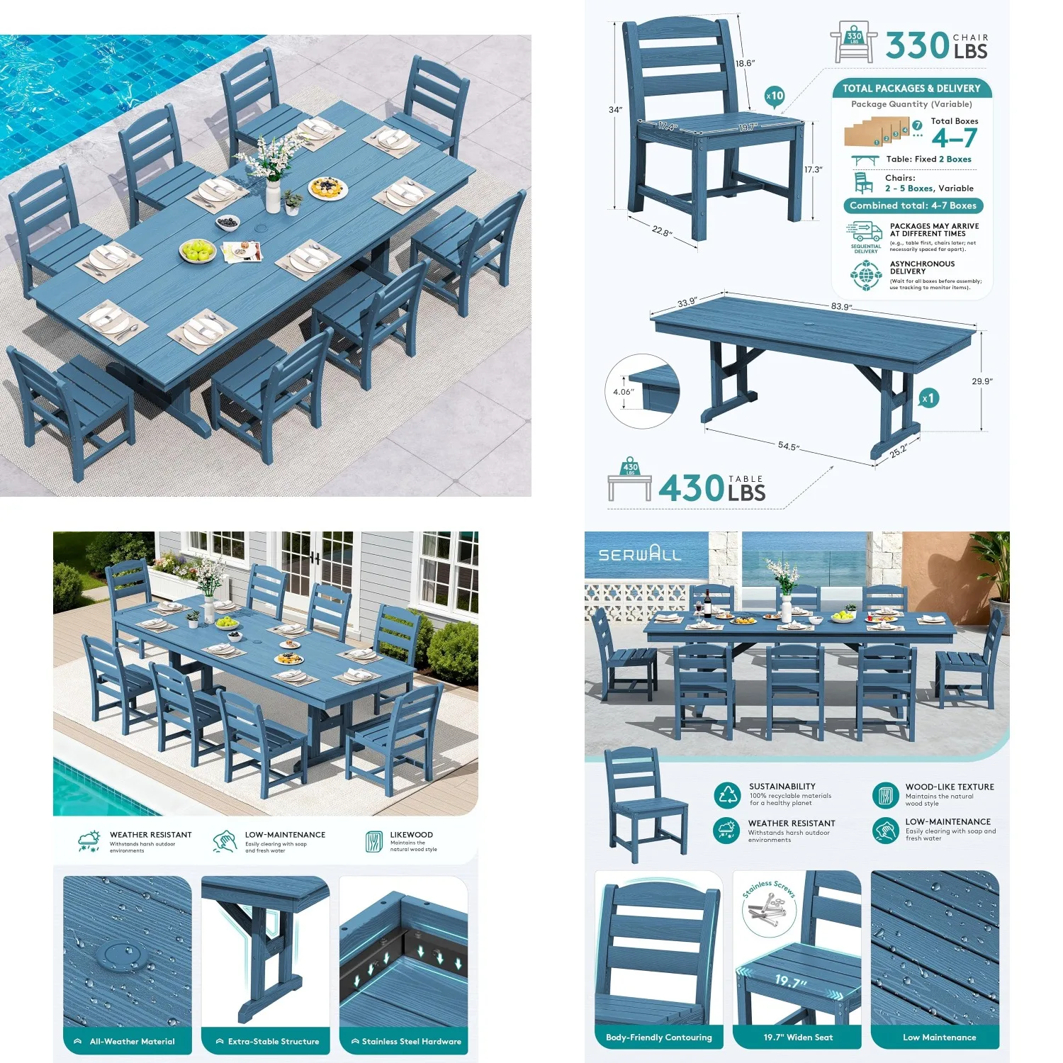 84in HDPE Patio Dining Set 9pc Armless Chairs All Weather Umbrella Hole Backyard Garden Customized
84in HDPE Patio Dining Set 9pc Armless Chairs All Weather Umbrella Hole Backyard Garden Customized