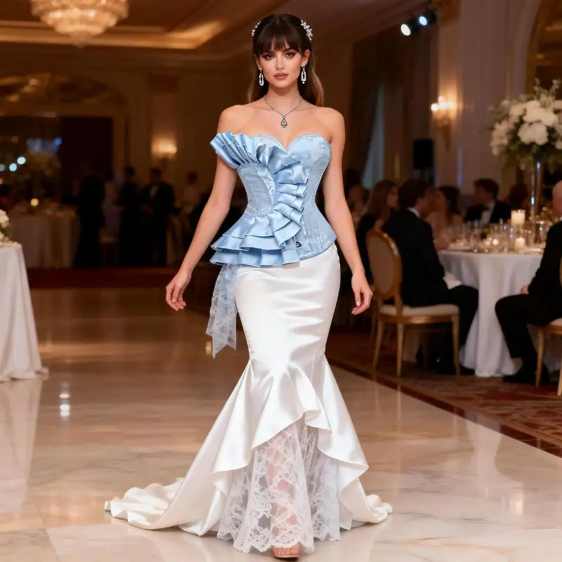 Light blue satin jacquard court corset with front fastening and back ties for shaping the figure
Light blue satin jacquard court corset with front fastening and back ties for shaping the figure