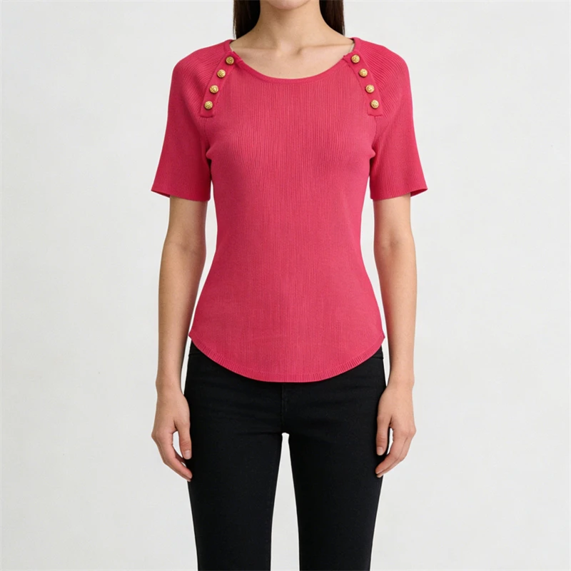 Summer 2026 Women's round Neck Short Sleeve Knitted T-shirt with Heavy Embellished Metal Buttons High-Quality Fashion Top
Summer 2026 Women's round Neck Short Sleeve Knitted T-shirt with Heavy Embellished Metal Buttons High-Quality Fashion Top