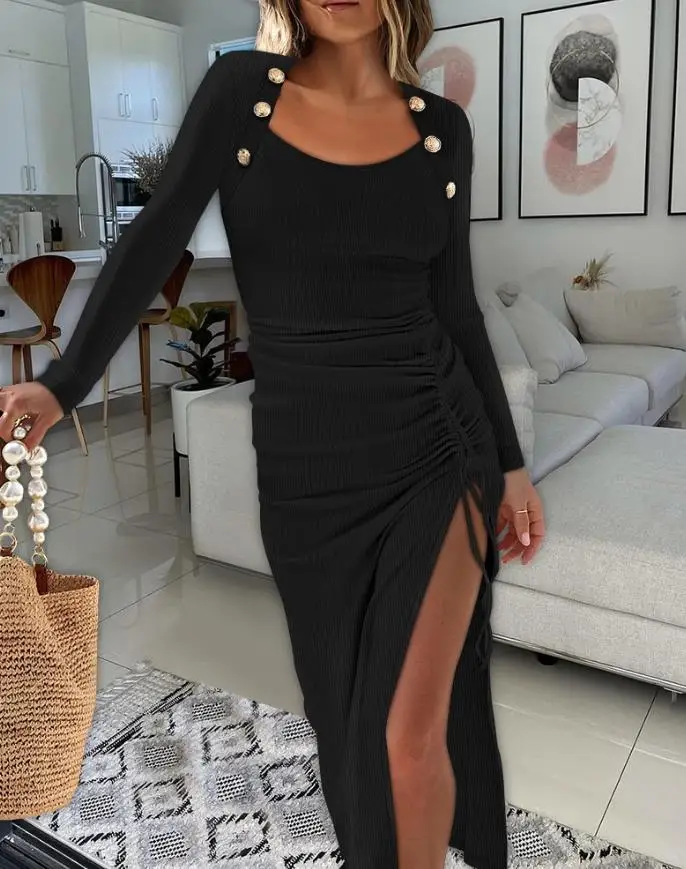 Button Decoration Square Collar Side Drawstring Ruffle Holiday Dress Autumn Women's Sexy Waist Bag Hip Slit Long Sleeved Dress
Button Decoration Square Collar Side Drawstring Ruffle Holiday Dress Autumn Women's Sexy Waist Bag Hip Slit Long Sleeved Dress