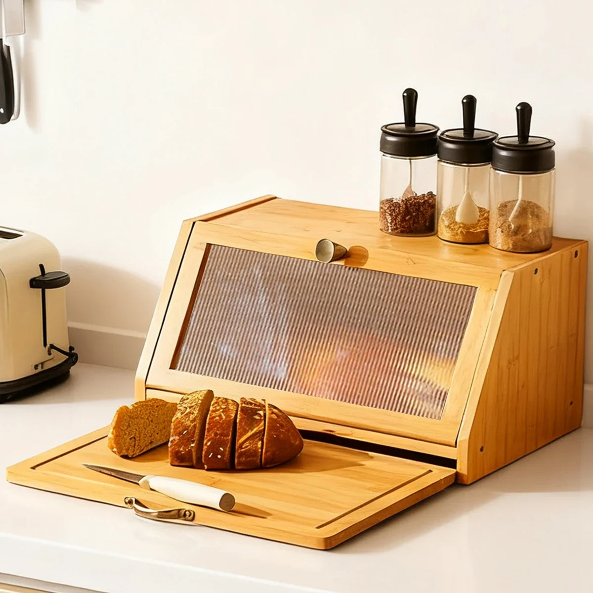 Bamboo Bread Box Cutting Board Combo, Large Capacity Kitchen Corner Organizer for Pantry Storage
Bamboo Bread Box Cutting Board Combo, Large Capacity Kitchen Corner Organizer for Pantry Storage