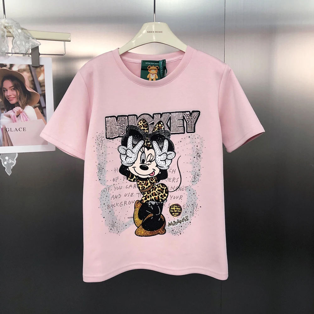 plus Size Fashion Cartoon Minnie Print Rhinestone round Neck Short Sleeve T-Shirt Women's Casual Glitter Top
plus Size Fashion Cartoon Minnie Print Rhinestone round Neck Short Sleeve T-Shirt Women's Casual Glitter Top