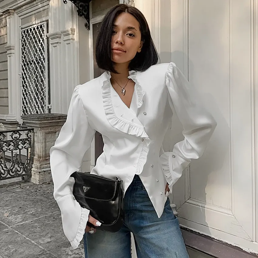 Women's Blouse Satin White Long Sleeve Blouses Ruffle Notched Collar Button Down Shirt Asymmetrical Placket Dress Shirt V Neck
Women's Blouse Satin White Long Sleeve Blouses Ruffle Notched Collar Button Down Shirt Asymmetrical Placket Dress Shirt V Neck