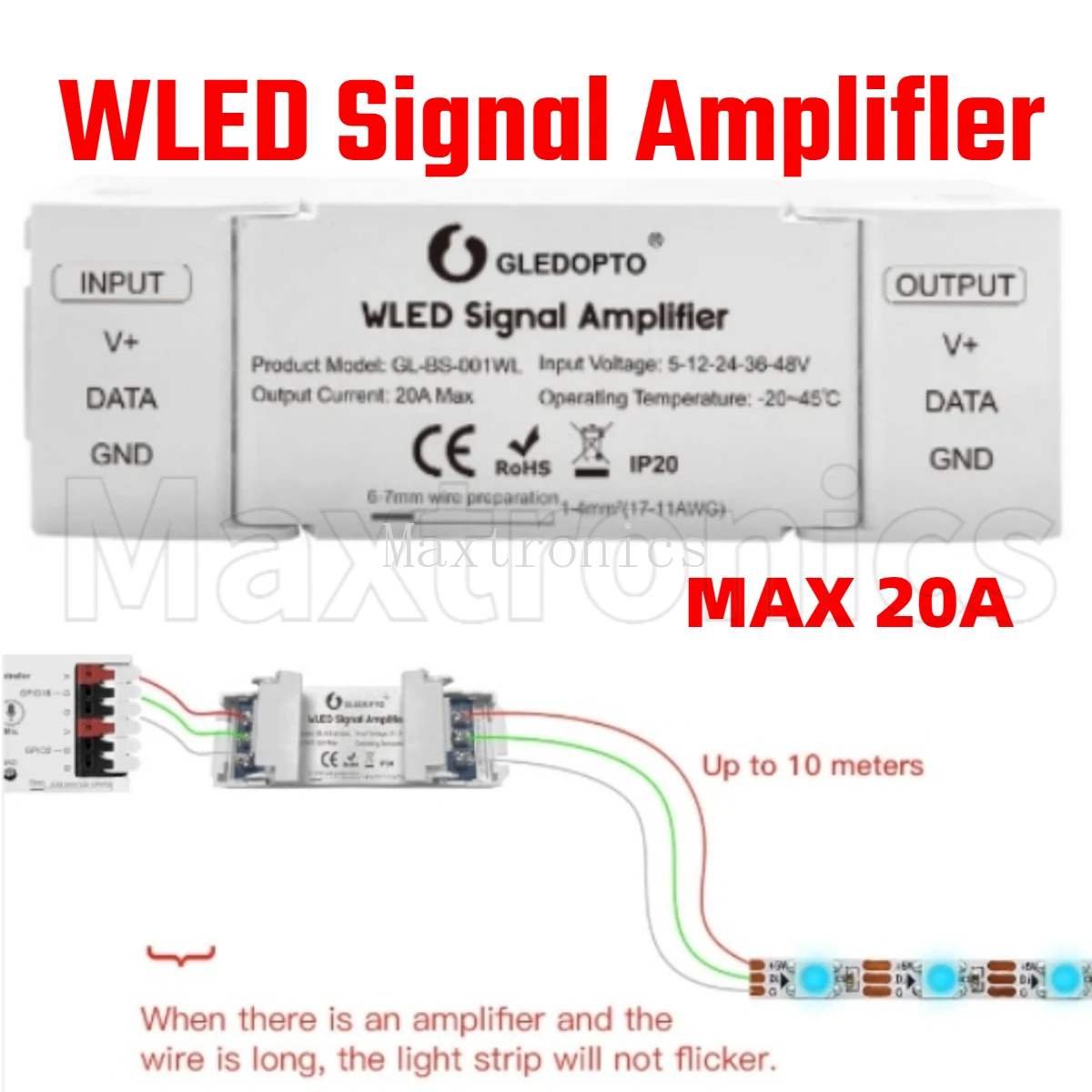 GL-BS-001WL Усилитель сигнала WLED, удлинитель 10 м, усилитель светодиодной ленты MAX 20A для цифрового контроллера WS2811 WS2812 SK6812
GL-BS-001WL Усилитель сигнала WLED, удлинитель 10 м, усилитель светодиодной ленты MAX 20A для цифрового контроллера WS2811 WS2812 SK6812