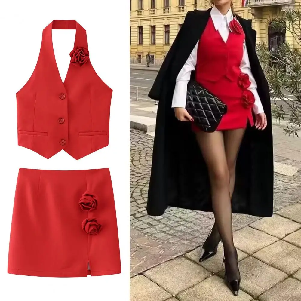 Women Vest Skirt 3D Rose Decor Split Hem Slim Fit Mini Skirt Halter Neck Off Shoulder Vest Tops Waistcoat Prom Party Clothes
Women Vest Skirt 3D Rose Decor Split Hem Slim Fit Mini Skirt Halter Neck Off Shoulder Vest Tops Waistcoat Prom Party Clothes