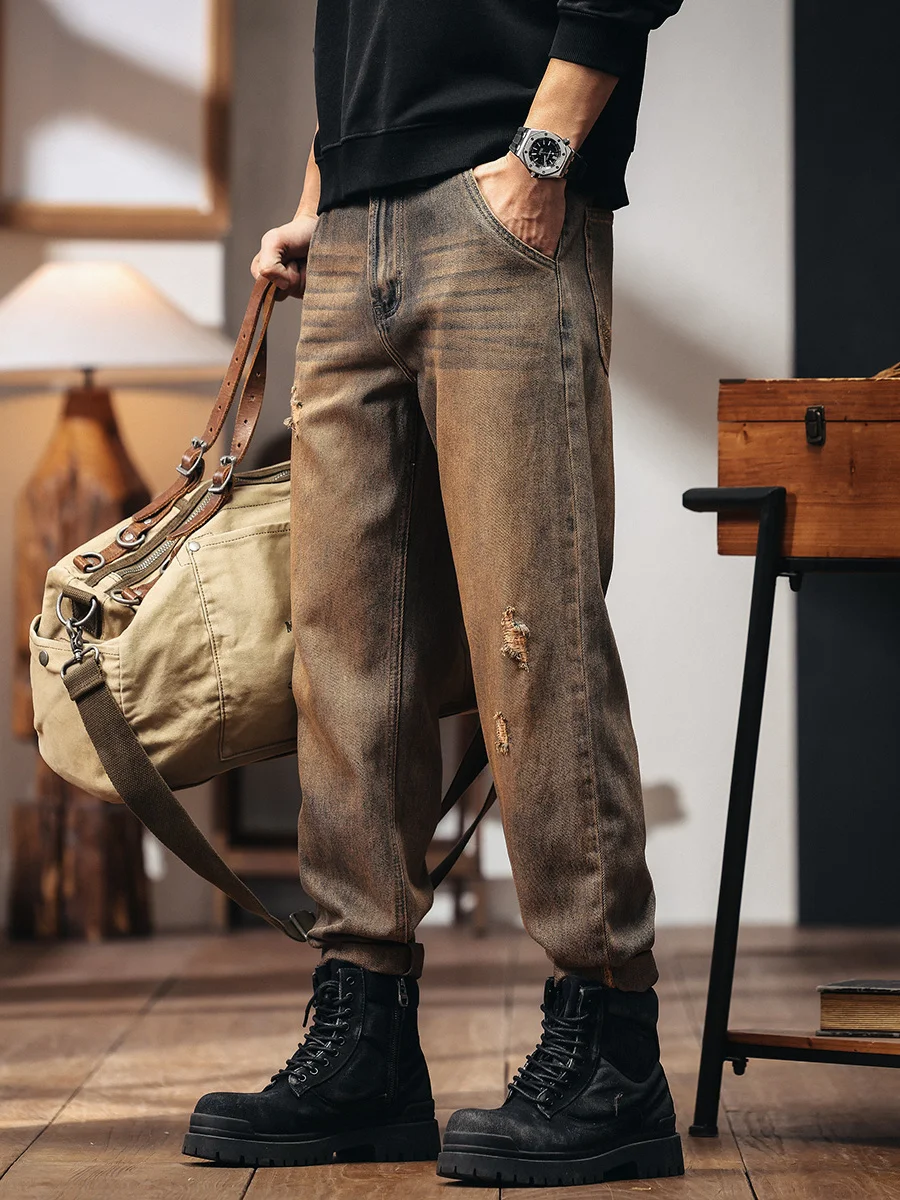 Waed Yellow Mud American Retro Men's Jeans Loose Straight Leg Hole Design Casual Trousers for Youth Faion Urban Wear
Waed Yellow Mud American Retro Men's Jeans Loose Straight Leg Hole Design Casual Trousers for Youth Faion Urban Wear