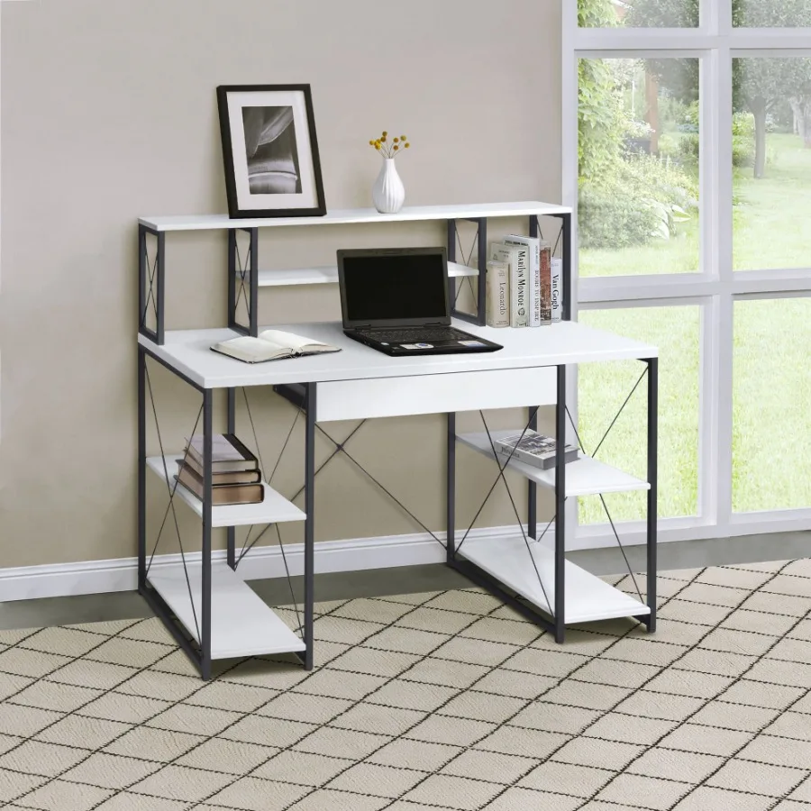 White and Black Office Desk with Open Shelves and Hutch for Home or Office Use Durable Material Modern Design Efficient Storage
White and Black Office Desk with Open Shelves and Hutch for Home or Office Use Durable Material Modern Design Efficient Storage