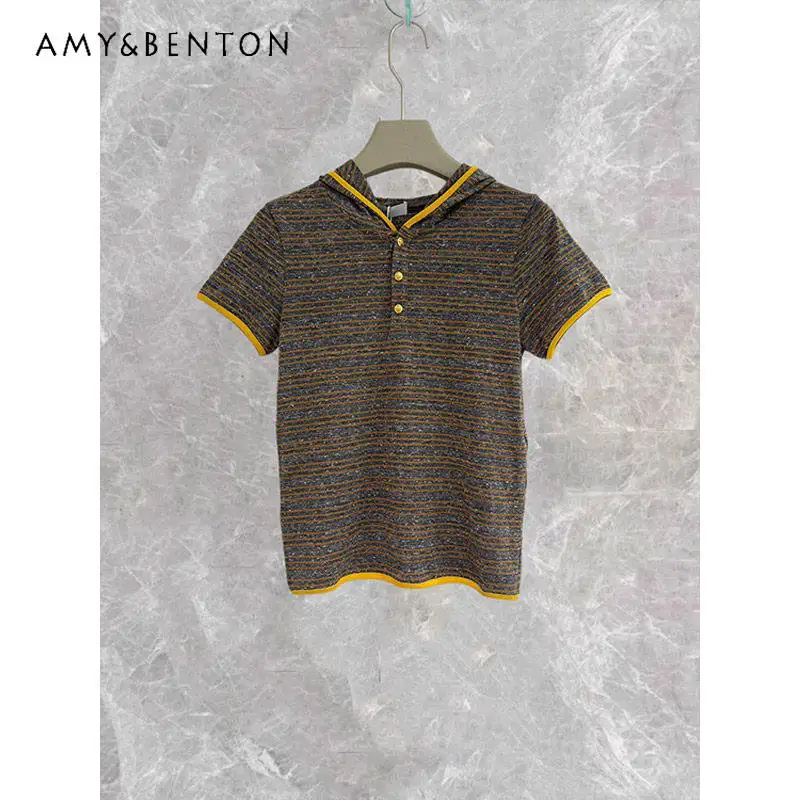 2026 Summer New Striped Hooded Splicing Lace Short-sleeved Women's T-shirt Retro Design Loose Thin Versatile T-shirts Ladies
2026 Summer New Striped Hooded Splicing Lace Short-sleeved Women's T-shirt Retro Design Loose Thin Versatile T-shirts Ladies
