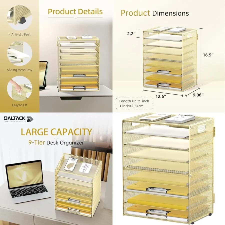 9-Tier Paper Letter Tray Desk Organizer with Handles Mesh File Holder for Office Home School Gold Colored Desktop Paper Sorter
9-Tier Paper Letter Tray Desk Organizer with Handles Mesh File Holder for Office Home School Gold Colored Desktop Paper Sorter