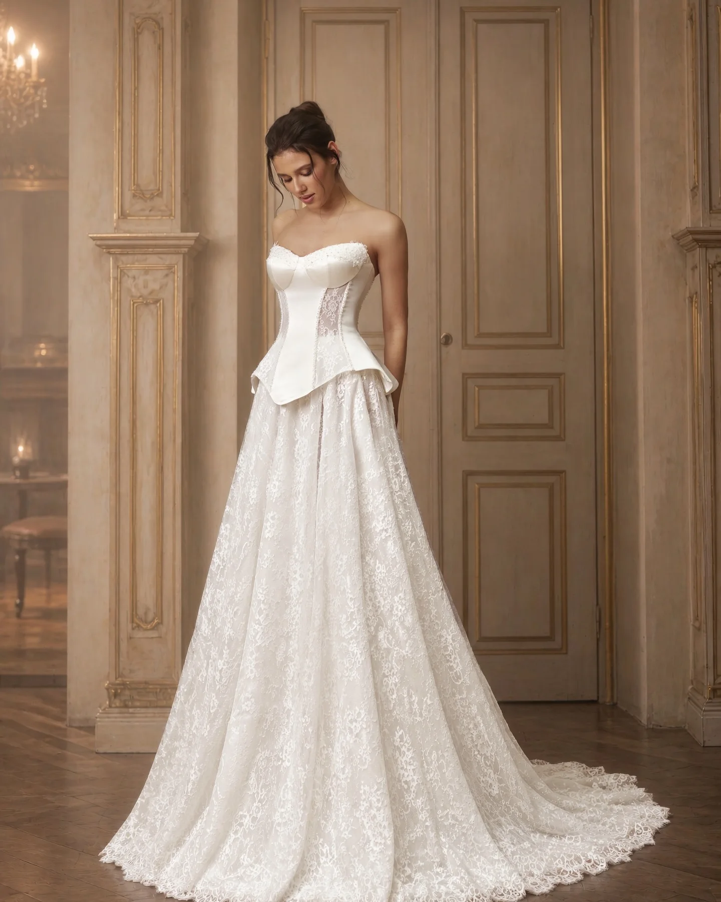 Customized Soft Sparkly Strapless Satin Corset Two Piece Lace Ball Gown Wedding Dress Chapel Train Bridal Gown Vestidos De Novia
Customized Soft Sparkly Strapless Satin Corset Two Piece Lace Ball Gown Wedding Dress Chapel Train Bridal Gown Vestidos De Novia