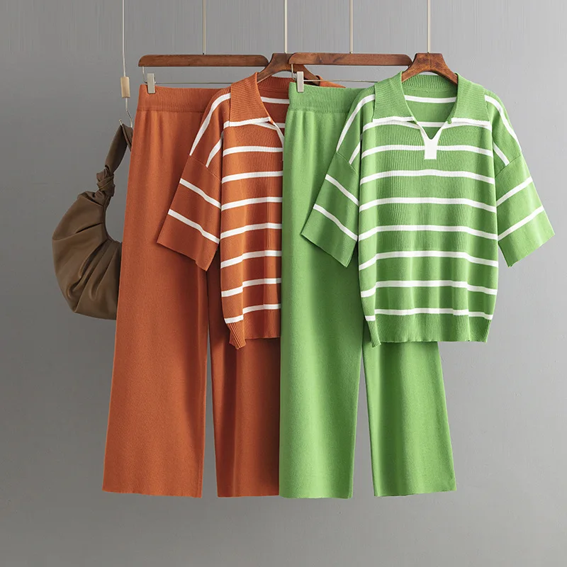 Knitting 2 Piece Set Women Striped Top Wide Leg Pants Knitwear Turn Down Collar Knitted Outfits Office Lady 2025 Summer Ensemble
Knitting 2 Piece Set Women Striped Top Wide Leg Pants Knitwear Turn Down Collar Knitted Outfits Office Lady 2025 Summer Ensemble