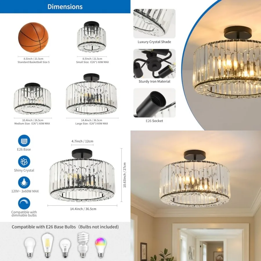 Crystal Semi Flush Mount Ceiling Light Fixture, odern Chandeier for iving Roo Bedroo Kitchen Haway Entryway, fit E26 Base Bulbs
Crystal Semi Flush Mount Ceiling Light Fixture, odern Chandeier for iving Roo Bedroo Kitchen Haway Entryway, fit E26 Base Bulbs