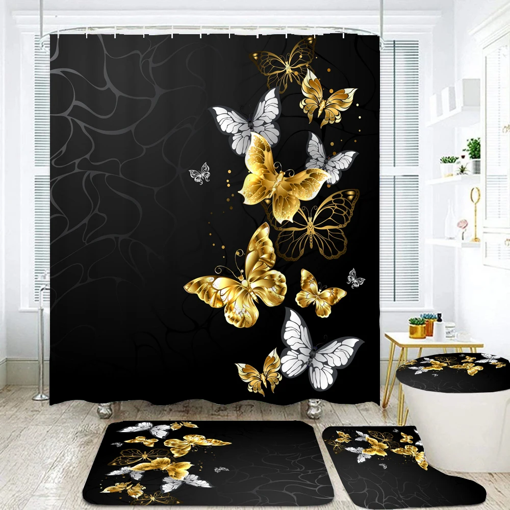 Waterproof Shower Curtain Sets with Rugs Golden Butterfly Print Bath Rug and Mats with Hooks Toilet Seat Cover Bathroom Decor
Waterproof Shower Curtain Sets with Rugs Golden Butterfly Print Bath Rug and Mats with Hooks Toilet Seat Cover Bathroom Decor