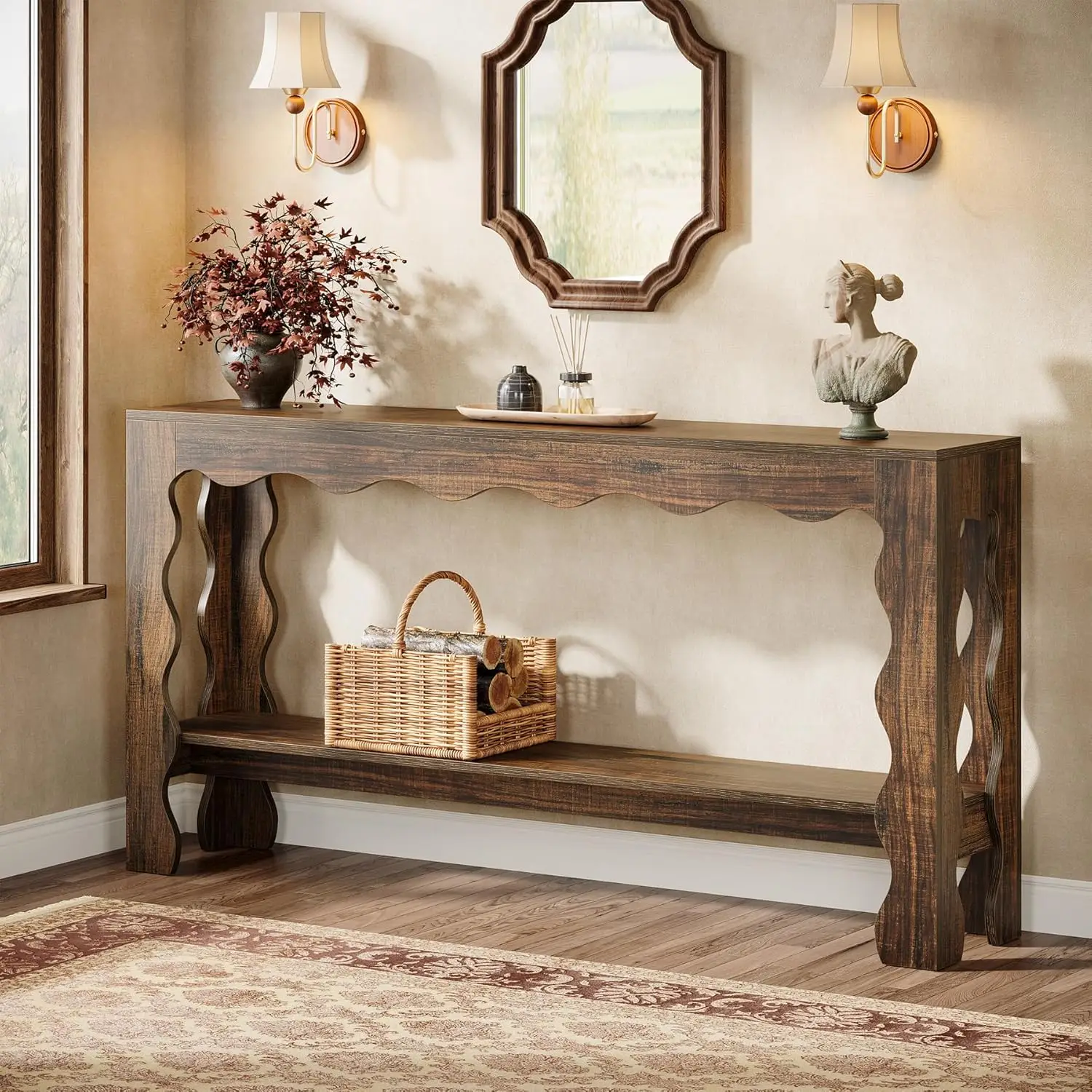 63 Inch Entryway Table, Modern Rustic Entry Table with Scalloped Edge & Storage Shelf, Accent Narrow Long Sofa Table Behind
63 Inch Entryway Table, Modern Rustic Entry Table with Scalloped Edge & Storage Shelf, Accent Narrow Long Sofa Table Behind