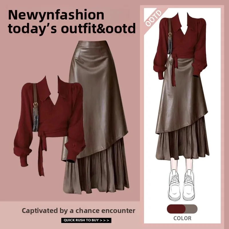 Hong Kong Style Fashion Slimming Wine Red Top And Skirt Two-Piece Set Autumn 2025 Irregular Hemline Elegant Women's Wear
Hong Kong Style Fashion Slimming Wine Red Top And Skirt Two-Piece Set Autumn 2025 Irregular Hemline Elegant Women's Wear