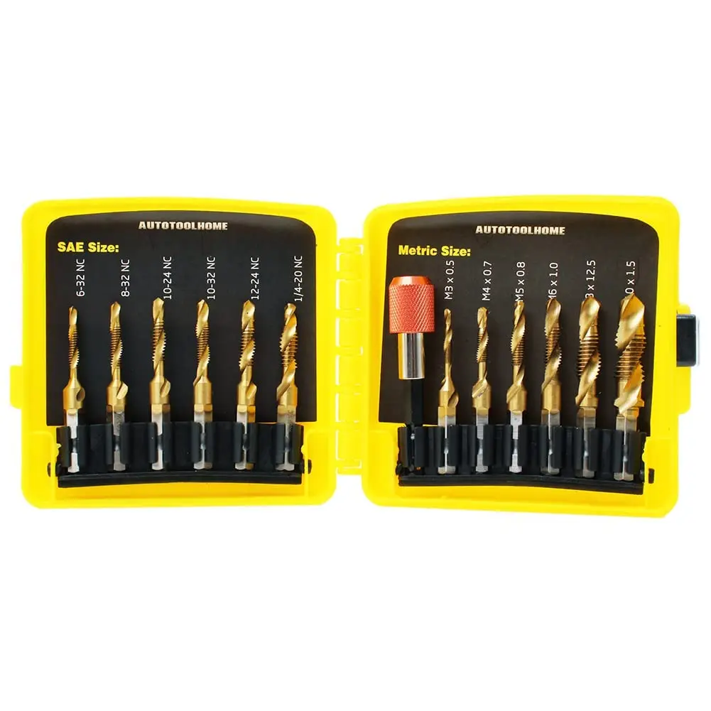 13PCS Titanium Drill Tap Bit Set for SAE and Metric Screw Thread Drilling Tapping Deburring Countersinking
13PCS Titanium Drill Tap Bit Set for SAE and Metric Screw Thread Drilling Tapping Deburring Countersinking