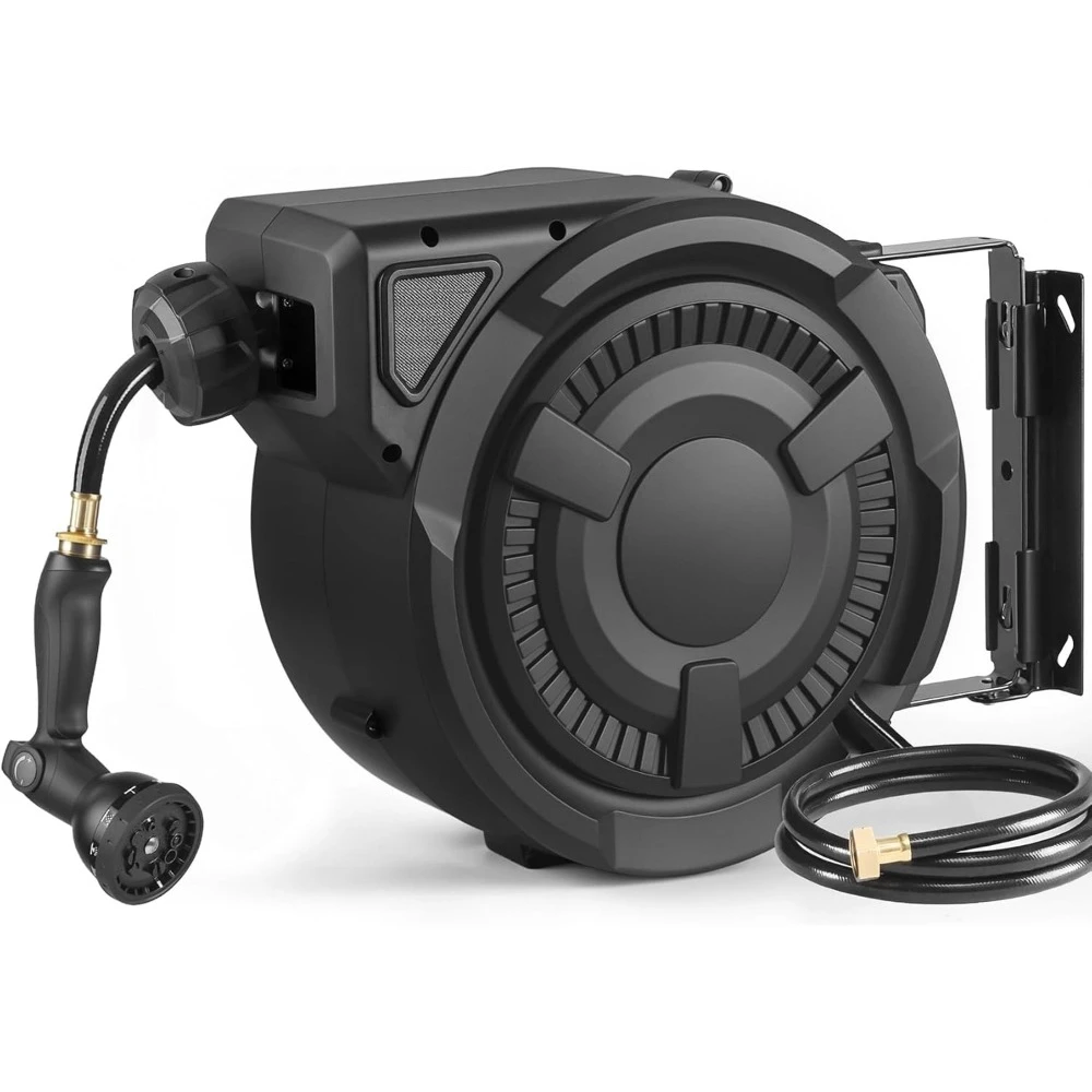 Retractable Garden Hose Reel 1/2 in x 50 ft, Heavy Duty Wall Mounted Hose Reel with 10- Function Sprayer Nozzle, Automatic Slow Return System/180°Swivel Bracket/UV Resistant (Black)
Retractable Garden Hose Reel 1/2 in x 50 ft, Heavy Duty Wall Mounted Hose Reel with 10- Function Sprayer Nozzle, Automatic Slow Return System/180°Swivel Bracket/UV Resistant (Black)