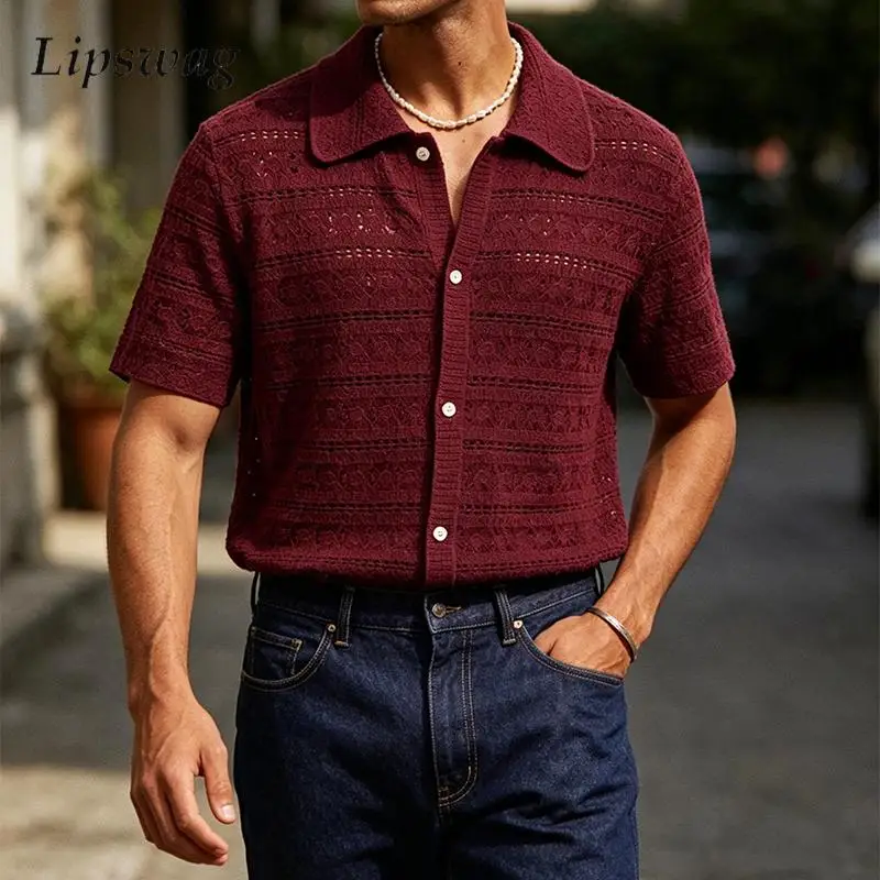 Vintage Wine Red Florals Knitted Shirts Men Casual Hollow Crochet Knit Shirt Summer Mens Fashion Solid Color Short Sleeve Shrits
Vintage Wine Red Florals Knitted Shirts Men Casual Hollow Crochet Knit Shirt Summer Mens Fashion Solid Color Short Sleeve Shrits