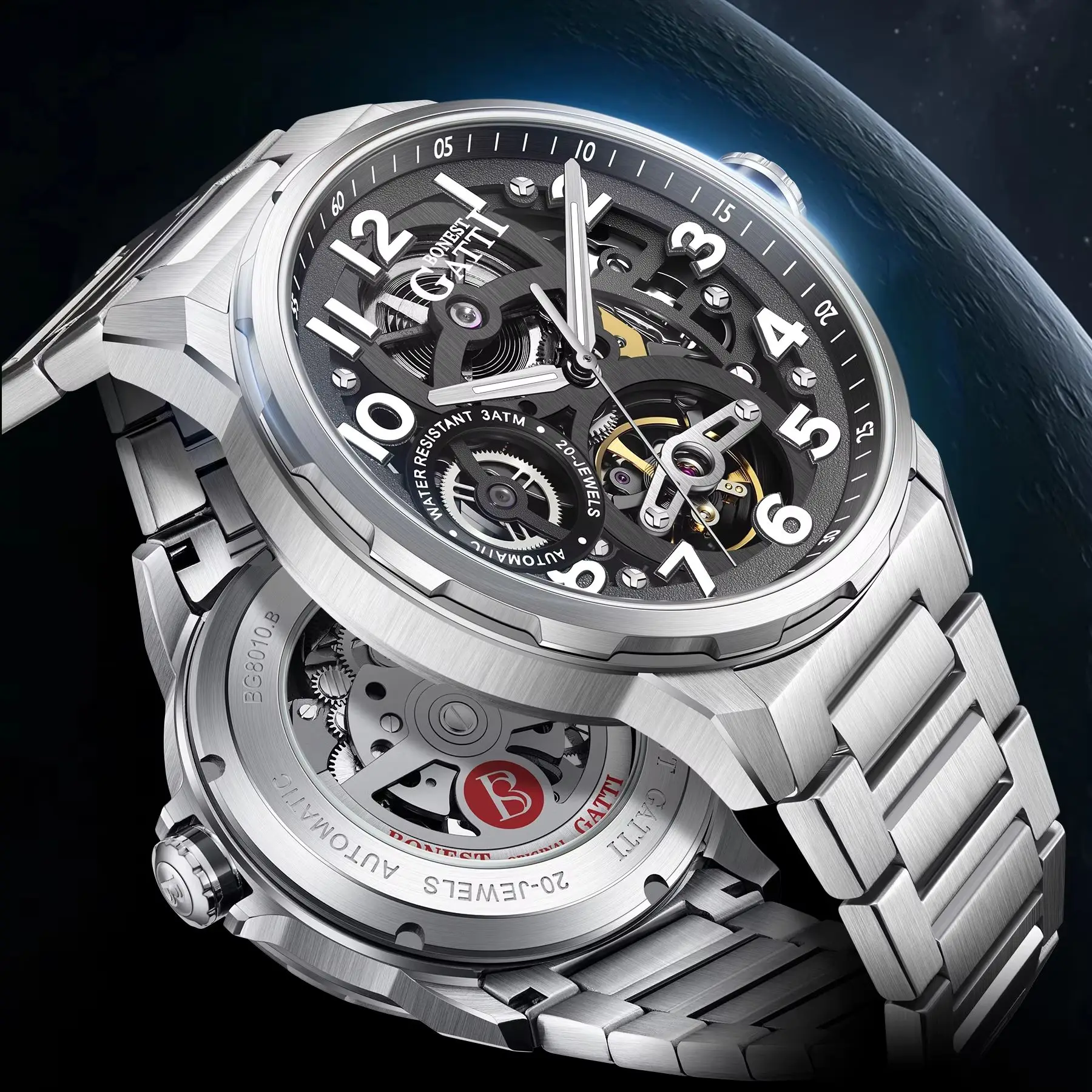 BONEST GATTI Мужские автоматические часы Роскошные механические наручные часы 42 мм 50 м Водонепроницаемые сапфировое зеркало Светящийся скелетонизированный циферблат
BONEST GATTI Мужские автоматические часы Роскошные механические наручные часы 42 мм 50 м Водонепроницаемые сапфировое зеркало Светящийся скелетонизированный циферблат