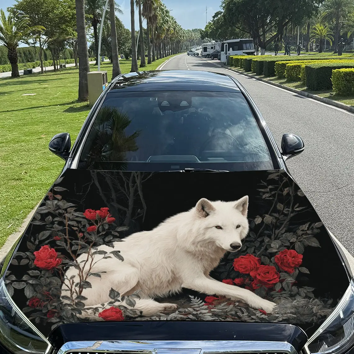 Белый волк, окруженный красными розами, автомобильная виниловая пленка, материал ПВХ, водонепроницаемая наклейка на капот автомобиля, самоклеящаяся устойчивая к царапинам Sti 
Белый волк, окруженный красными розами, автомобильная виниловая пленка, материал ПВХ, водонепроницаемая наклейка на капот автомобиля, самоклеящаяся устойчивая к царапинам Sti