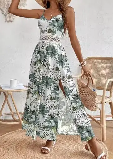 Fashion 2025 Summer Casual Sexy Elegant Dresses Women Bohemian Style Printed Suspender V-Neck Hollowed Out Lace High Slit Dress
Fashion 2025 Summer Casual Sexy Elegant Dresses Women Bohemian Style Printed Suspender V-Neck Hollowed Out Lace High Slit Dress