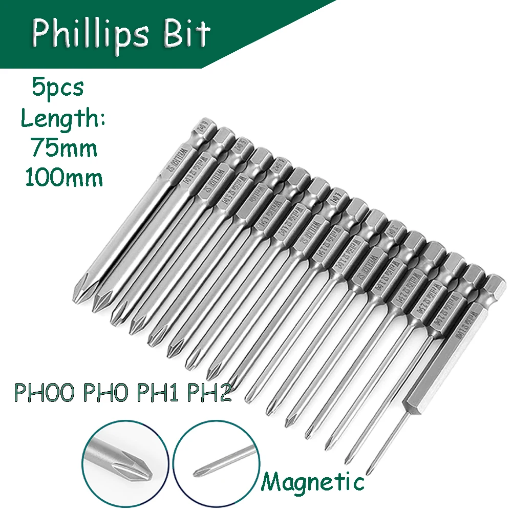 5pcs Phillips Screwdriver Bit PH00 PH0 PH1 PH2 Magnetic 1/4 in. Hex Shank S2 Steel 75/100mm Length Driller Bit
5pcs Phillips Screwdriver Bit PH00 PH0 PH1 PH2 Magnetic 1/4 in. Hex Shank S2 Steel 75/100mm Length Driller Bit