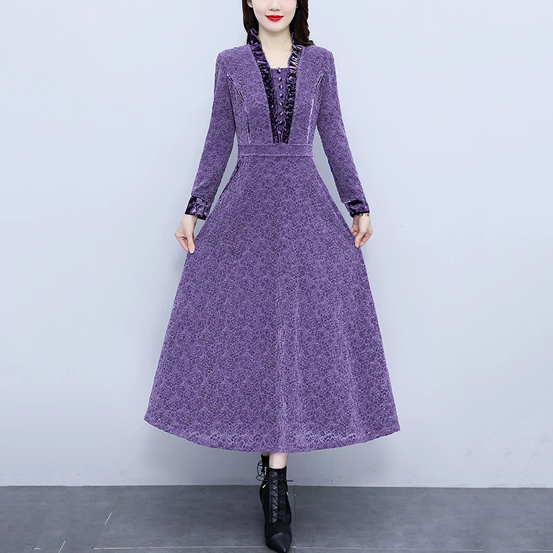 Women Autumn Winter Warm Velvet Lace Dresses Square Collar Long Sleeve Female Large Size 3XL Elegant Calf Length Purple Vestidos
Women Autumn Winter Warm Velvet Lace Dresses Square Collar Long Sleeve Female Large Size 3XL Elegant Calf Length Purple Vestidos