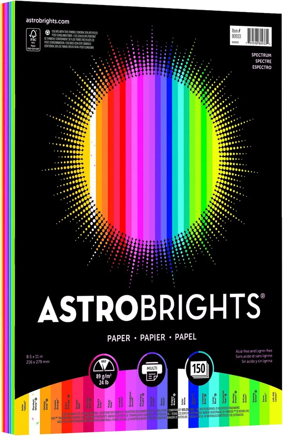 Paper Astrobrights Color Paper, 8.5” x 11”, 24 lb/89 gsm, Spectrum 25-Color Assortment, 150 Sheets (80933-01)
Paper Astrobrights Color Paper, 8.5” x 11”, 24 lb/89 gsm, Spectrum 25-Color Assortment, 150 Sheets (80933-01)