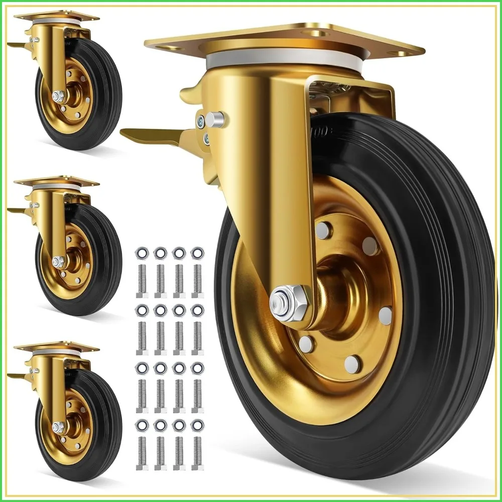 8 in Heavy Duty Plate Casters Set of 4, 3200 Lbs Industrial Rubber Wheels for Cart Furniture Workbench, Dual Locking with Brakes
8 in Heavy Duty Plate Casters Set of 4, 3200 Lbs Industrial Rubber Wheels for Cart Furniture Workbench, Dual Locking with Brakes
