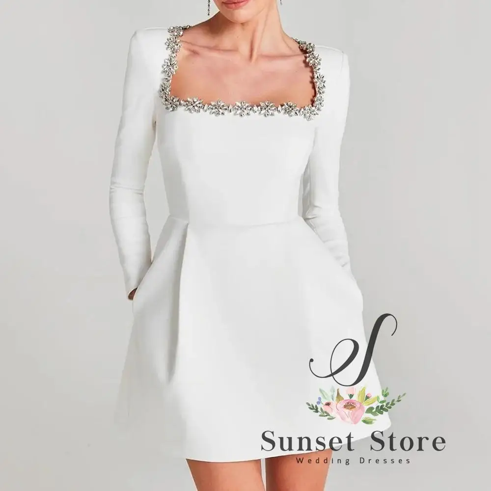 Customized Elegant White Crystal Prom Dress Long Sleeve Square Collar Long Sleeve Above Knee Gowns Formal Occasion Women Dress
Customized Elegant White Crystal Prom Dress Long Sleeve Square Collar Long Sleeve Above Knee Gowns Formal Occasion Women Dress