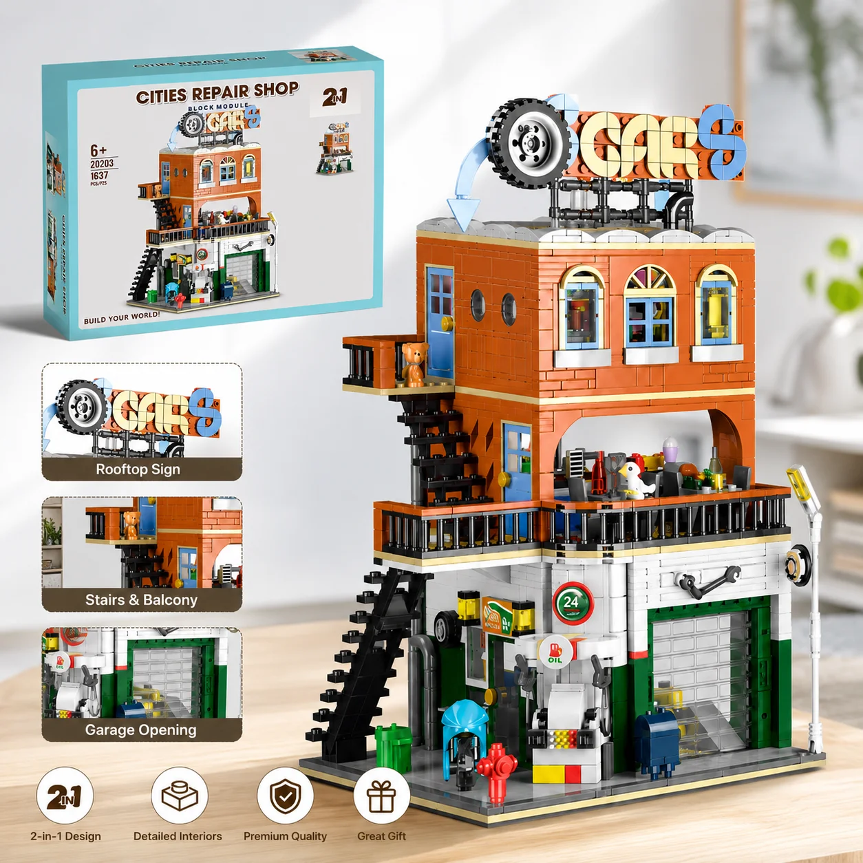 Cities Repair Shop Building Blocks Set 1637PCS 2-in-1 Modular Garage House Model with Car Service Toy English Version
Cities Repair Shop Building Blocks Set 1637PCS 2-in-1 Modular Garage House Model with Car Service Toy English Version