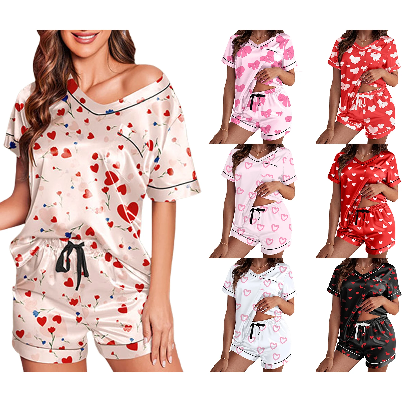 Women Valentine's Day Pajamas Lounge Set Heart Print Short Sleeve Tops and Shorts 2 Piece Loungewear Outfits
Women Valentine's Day Pajamas Lounge Set Heart Print Short Sleeve Tops and Shorts 2 Piece Loungewear Outfits
