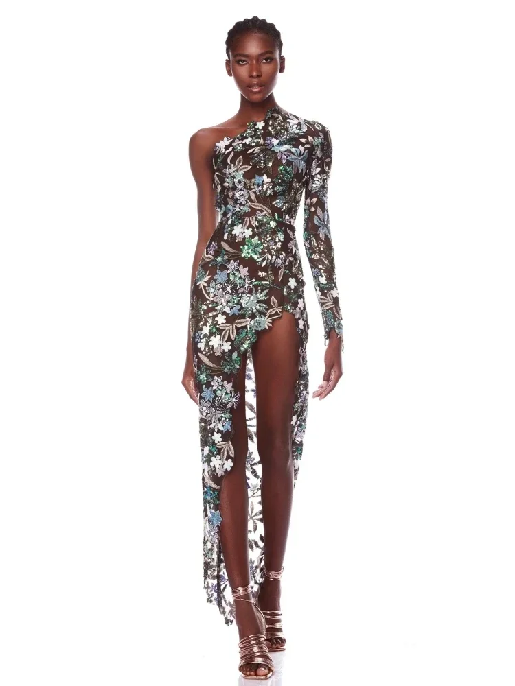 Sexy One Shoulder Long Sleeves Sequin Floral Embroidered Asymmetric Dress Women Luxury Sequins Flower Long Slim Dress Evening
Sexy One Shoulder Long Sleeves Sequin Floral Embroidered Asymmetric Dress Women Luxury Sequins Flower Long Slim Dress Evening