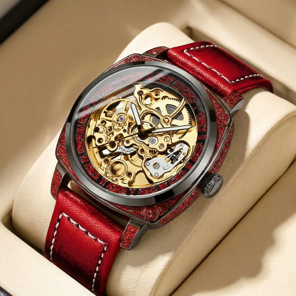 1pcs Men's gold dial leather strap vintage fashion skeleton gear luxury details Mechanical Watch for business party holiday
1pcs Men's gold dial leather strap vintage fashion skeleton gear luxury details Mechanical Watch for business party holiday