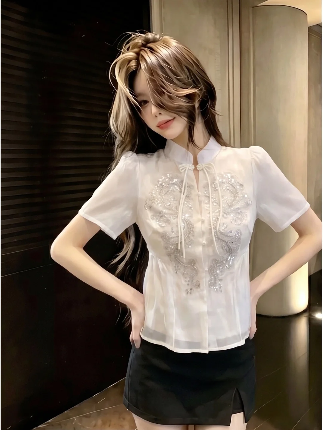 New Chinese Style Loose Short Sleeve Embroidered Chiffon Shirt Women's Summer Fashionable Slimming Stand Collar Apricot Top
New Chinese Style Loose Short Sleeve Embroidered Chiffon Shirt Women's Summer Fashionable Slimming Stand Collar Apricot Top