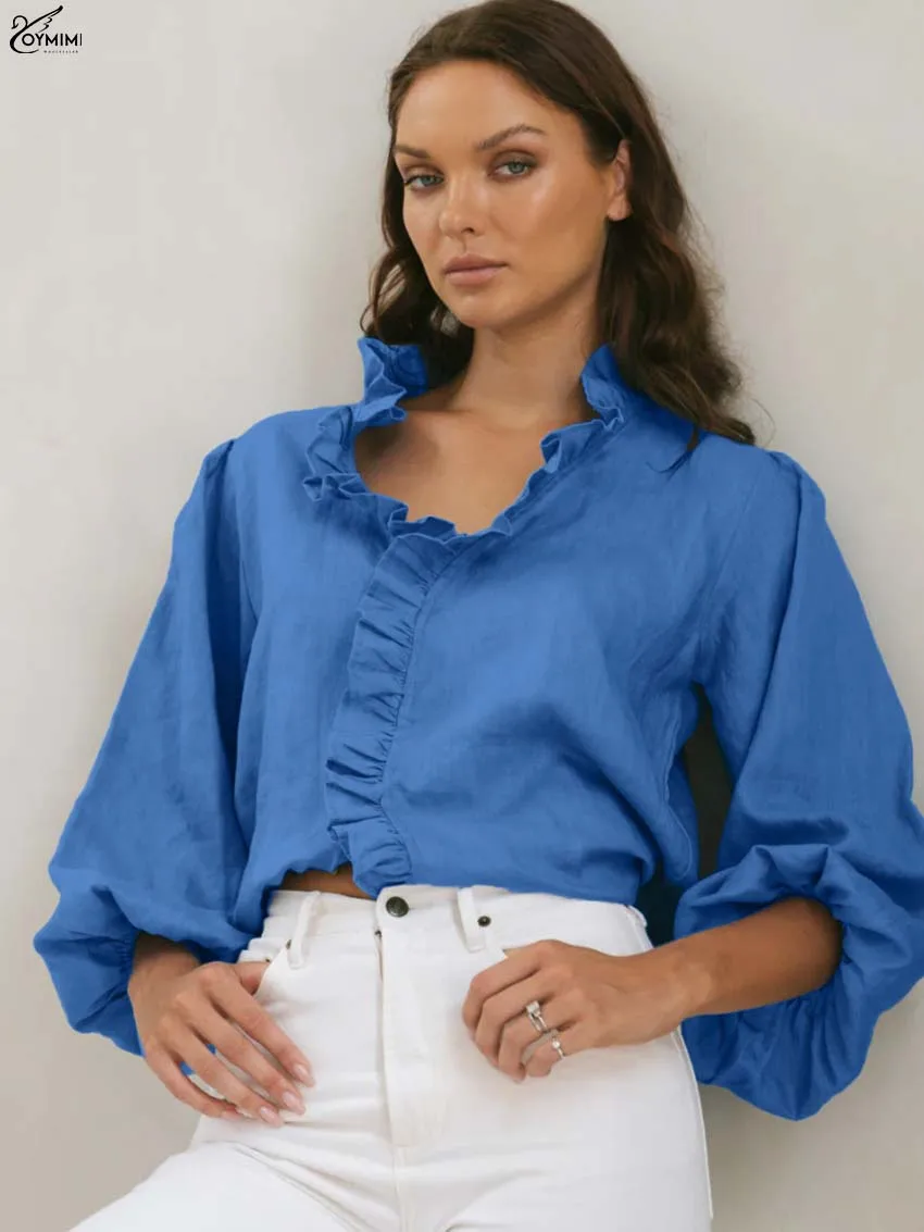 Oymimi Fashion Blue Cotton Woman Blouses Elegant Ruffled O-Neck Puff Sleeve Blouses Summer Solid Single Breasted Shirts Female
Oymimi Fashion Blue Cotton Woman Blouses Elegant Ruffled O-Neck Puff Sleeve Blouses Summer Solid Single Breasted Shirts Female