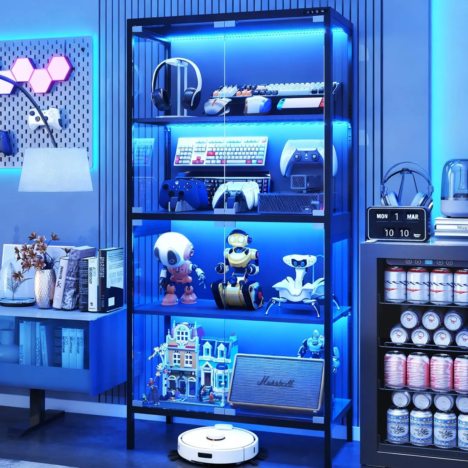 Display Cabinet with Glass Doors, 4-Tier Curio Cabinet with 5 Color Lights for Collectibles, Display Case with Human Body Sen
Display Cabinet with Glass Doors, 4-Tier Curio Cabinet with 5 Color Lights for Collectibles, Display Case with Human Body Sen